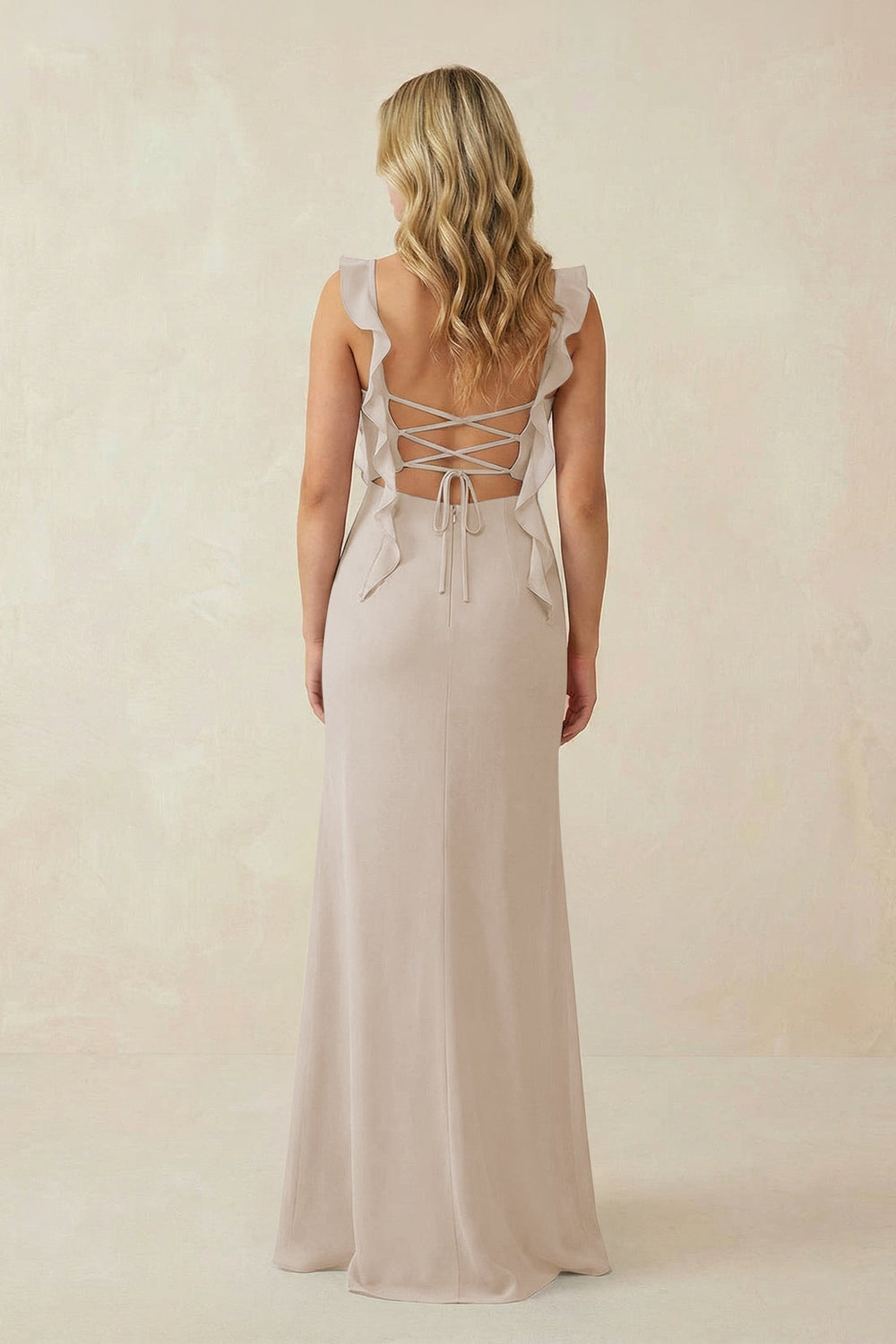 Ruffled Sleeve Ruched Sheath Chiffon Bridesmaid Dress in Frost - KISS BRIDAL BRIDESMAID DRESSES