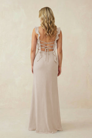 Ruffled Sleeve Ruched Sheath Chiffon Bridesmaid Dress in Frost - SHE IS ME BRIDESMAID DRESSES