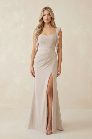 Ruffled Sleeve Ruched Sheath Chiffon Bridesmaid Dress in Frost - SHE IS ME BRIDESMAID DRESSES