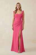 Ruffled Sleeve Ruched Sheath Chiffon Bridesmaid Dress in Fuchsia - SHE IS ME BRIDESMAID DRESSES