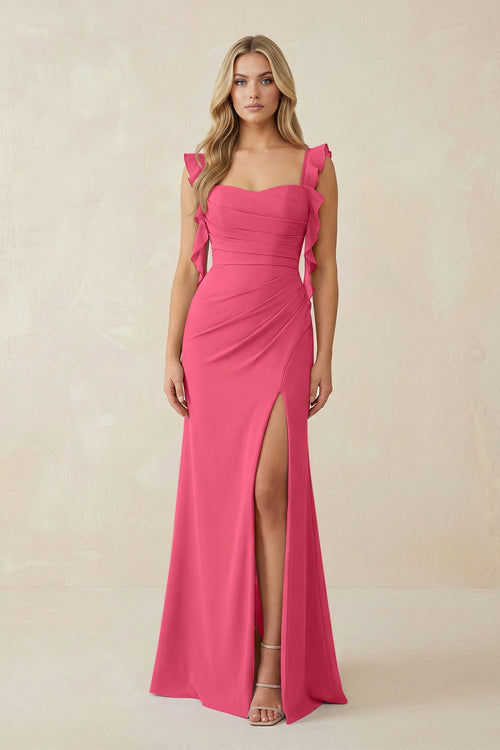 Ruffled Sleeve Ruched Sheath Chiffon Bridesmaid Dress in Fuchsia - SHE IS ME BRIDESMAID DRESSES