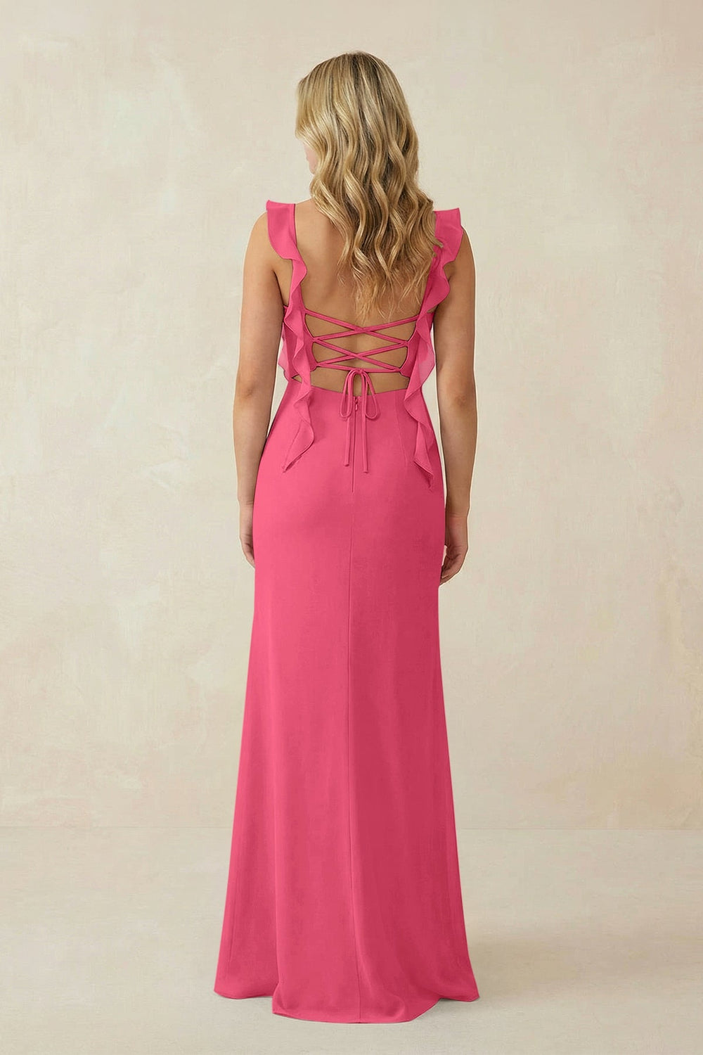 Ruffled Sleeve Ruched Sheath Chiffon Bridesmaid Dress in Fuchsia - KISS BRIDAL BRIDESMAID DRESSES