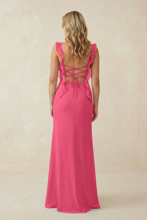 Ruffled Sleeve Ruched Sheath Chiffon Bridesmaid Dress in Fuchsia - SHE IS ME BRIDESMAID DRESSES