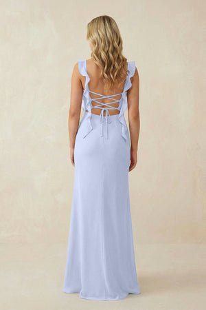 Ruffled Sleeve Ruched Sheath Chiffon Bridesmaid Dress in Ice - SHE IS ME BRIDESMAID DRESSES