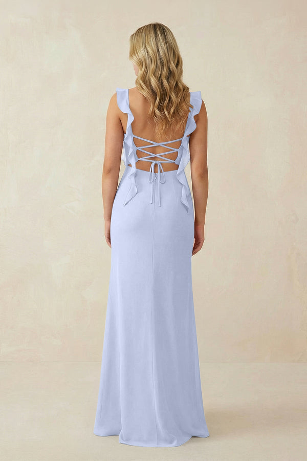 Ruffled Sleeve Ruched Sheath Chiffon Bridesmaid Dress in Ice - SHE IS ME BRIDESMAID DRESSES