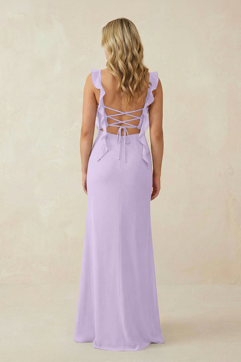 Ruffled Sleeve Ruched Sheath Chiffon Bridesmaid Dress in Lavender