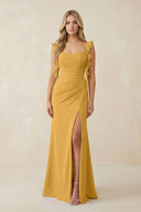 Ruffled Sleeve Ruched Sheath Chiffon Bridesmaid Dress in Marigold - SHE IS ME BRIDESMAID DRESSES