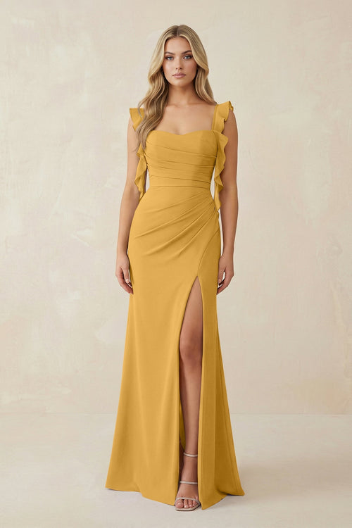 Ruffled Sleeve Ruched Sheath Chiffon Bridesmaid Dress in Marigold - SHE IS ME BRIDESMAID DRESSES