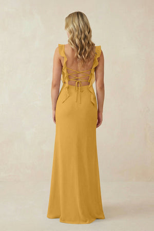 Ruffled Sleeve Ruched Sheath Chiffon Bridesmaid Dress in Marigold - SHE IS ME BRIDESMAID DRESSES