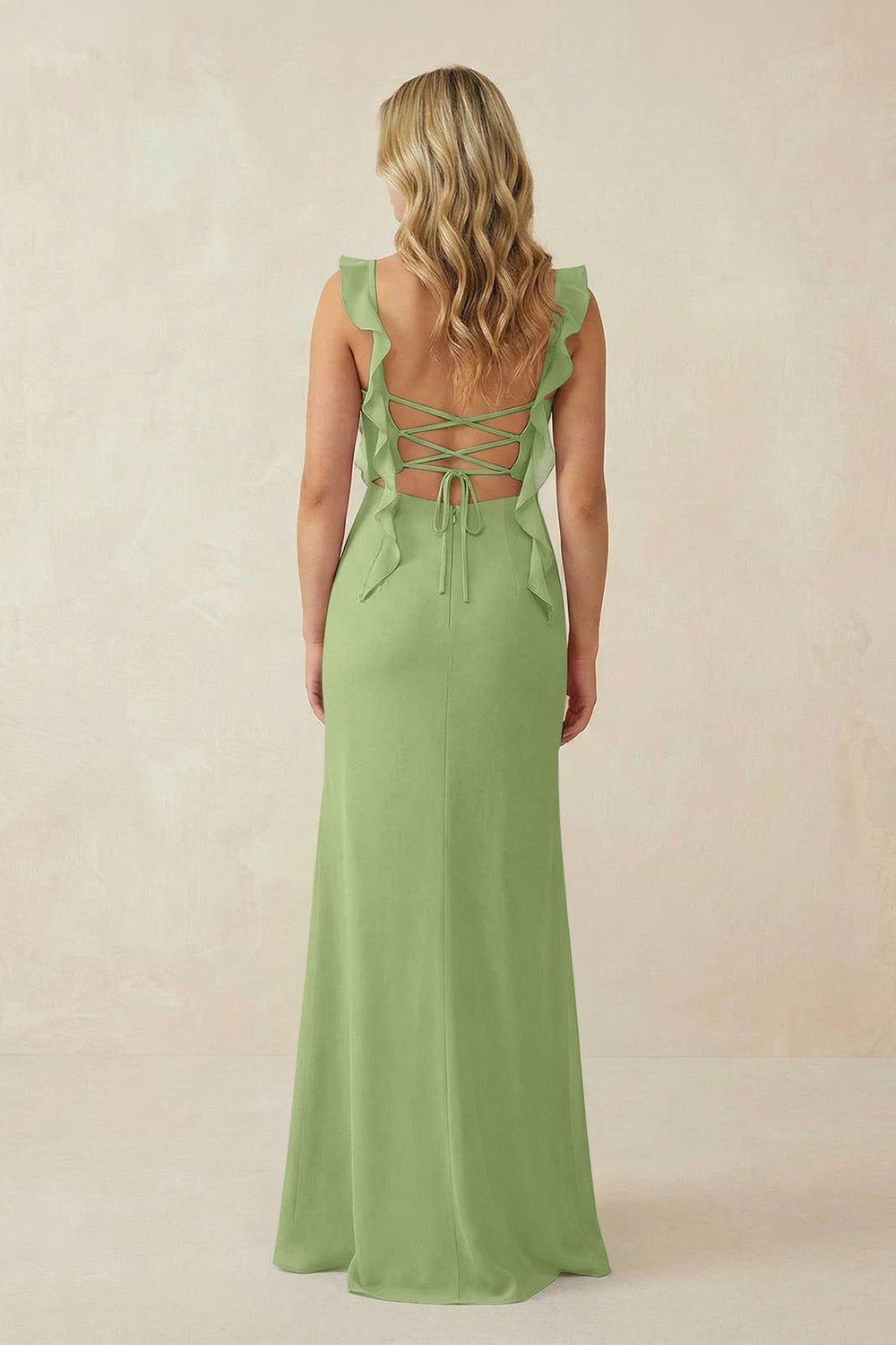 Ruffled Sleeve Ruched Sheath Chiffon Bridesmaid Dress in Matcha - KISS BRIDAL BRIDESMAID DRESSES