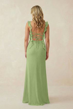 Ruffled Sleeve Ruched Sheath Chiffon Bridesmaid Dress in Matcha - SHE IS ME BRIDESMAID DRESSES