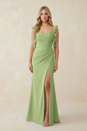 Ruffled Sleeve Ruched Sheath Chiffon Bridesmaid Dress in Matcha - SHE IS ME BRIDESMAID DRESSES