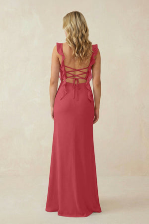 Ruffled Sleeve Ruched Sheath Chiffon Bridesmaid Dress in Merlot - SHE IS ME BRIDESMAID DRESSES