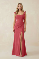 Ruffled Sleeve Ruched Sheath Chiffon Bridesmaid Dress in Merlot - SHE IS ME BRIDESMAID DRESSES