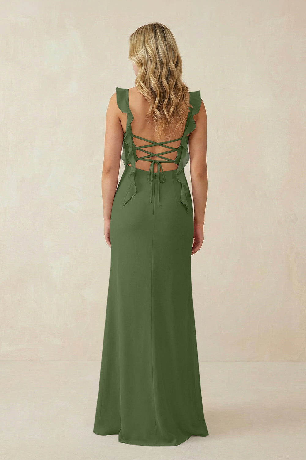 Ruffled Sleeve Ruched Sheath Chiffon Bridesmaid Dress in Moss