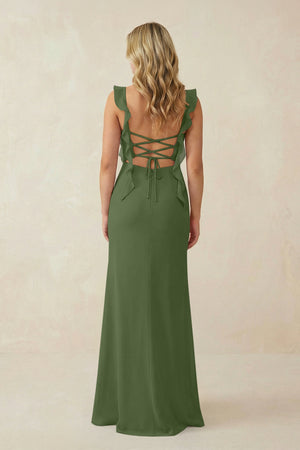 Ruffled Sleeve Ruched Sheath Chiffon Bridesmaid Dress in Moss (2) | KISSBRIDAL
