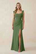 Ruffled Sleeve Ruched Sheath Chiffon Bridesmaid Dress in Moss - SHE IS ME BRIDESMAID DRESSES