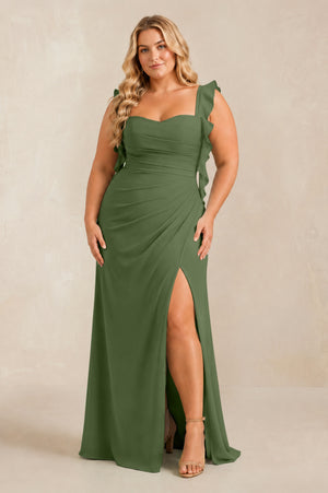 Ruffled Sleeve Ruched Sheath Chiffon Bridesmaid Dress in Moss (3) [sizeplus] | KISSBRIDAL
