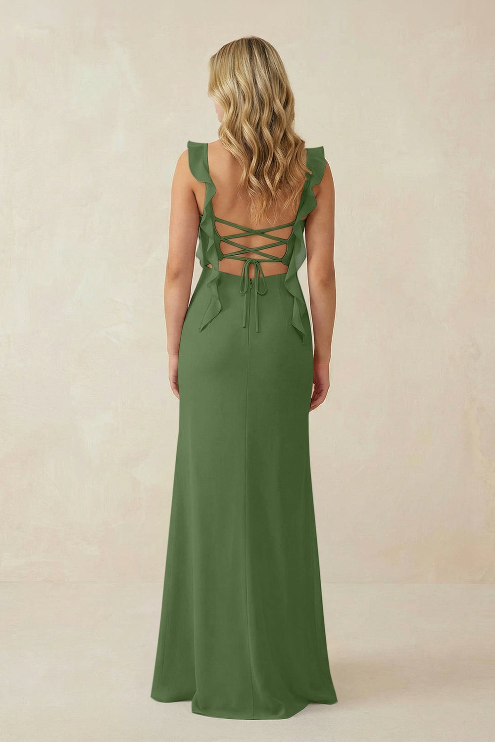Ruffled Sleeve Ruched Sheath Chiffon Bridesmaid Dress in Moss - KISS BRIDAL BRIDESMAID DRESSES