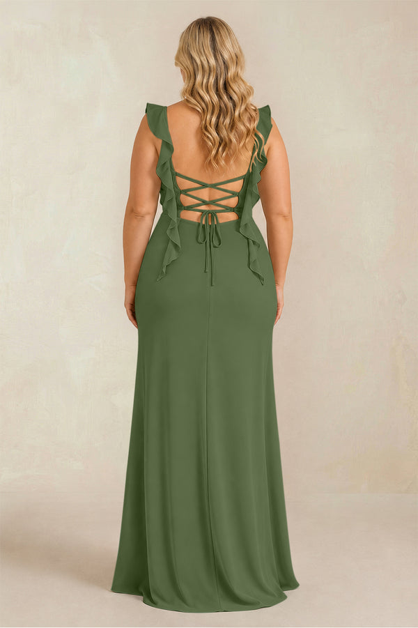 Ruffled Sleeve Ruched Sheath Chiffon Bridesmaid Dress in Moss (4) [sizeplus] | KISSBRIDAL