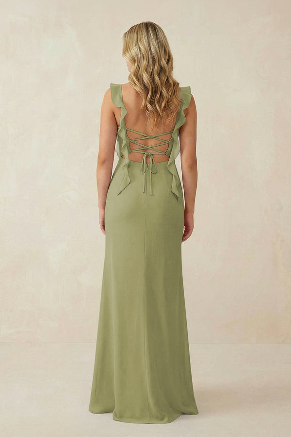 Ruffled Sleeve Ruched Sheath Chiffon Bridesmaid Dress in Moss Green - SHE IS ME BRIDESMAID DRESSES