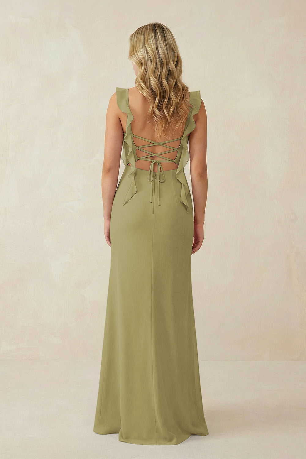 Ruffled Sleeve Ruched Sheath Chiffon Bridesmaid Dress in Moss Green