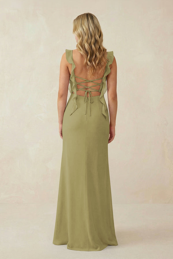 Ruffled Sleeve Ruched Sheath Chiffon Bridesmaid Dress in Moss Green (2) | KISSBRIDAL