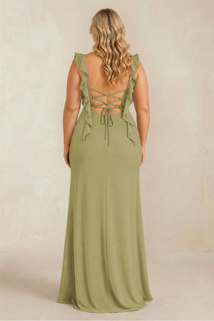 Ruffled Sleeve Ruched Sheath Chiffon Bridesmaid Dress in Moss Green (4) [sizeplus] | KISSBRIDAL
