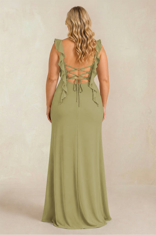 Ruffled Sleeve Ruched Sheath Chiffon Bridesmaid Dress in Moss Green (4) [sizeplus] | KISSBRIDAL