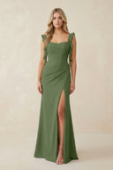 Ruffled Sleeve Ruched Sheath Chiffon Bridesmaid Dress in Moss | KISSBRIDAL
