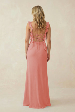 Ruffled Sleeve Ruched Sheath Chiffon Bridesmaid Dress in Mulberry - SHE IS ME BRIDESMAID DRESSES
