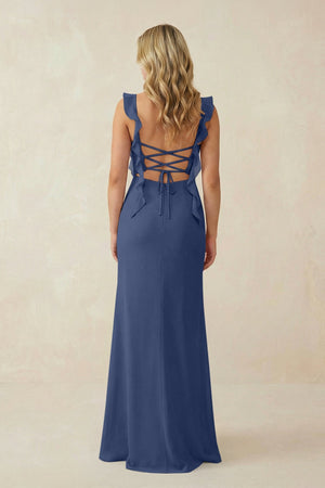 Ruffled Sleeve Ruched Sheath Chiffon Bridesmaid Dress in Navy - SHE IS ME BRIDESMAID DRESSES