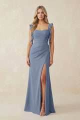 Ruffled Sleeve Ruched Sheath Chiffon Bridesmaid Dress in Neptune - KISS BRIDAL BRIDESMAID DRESSES