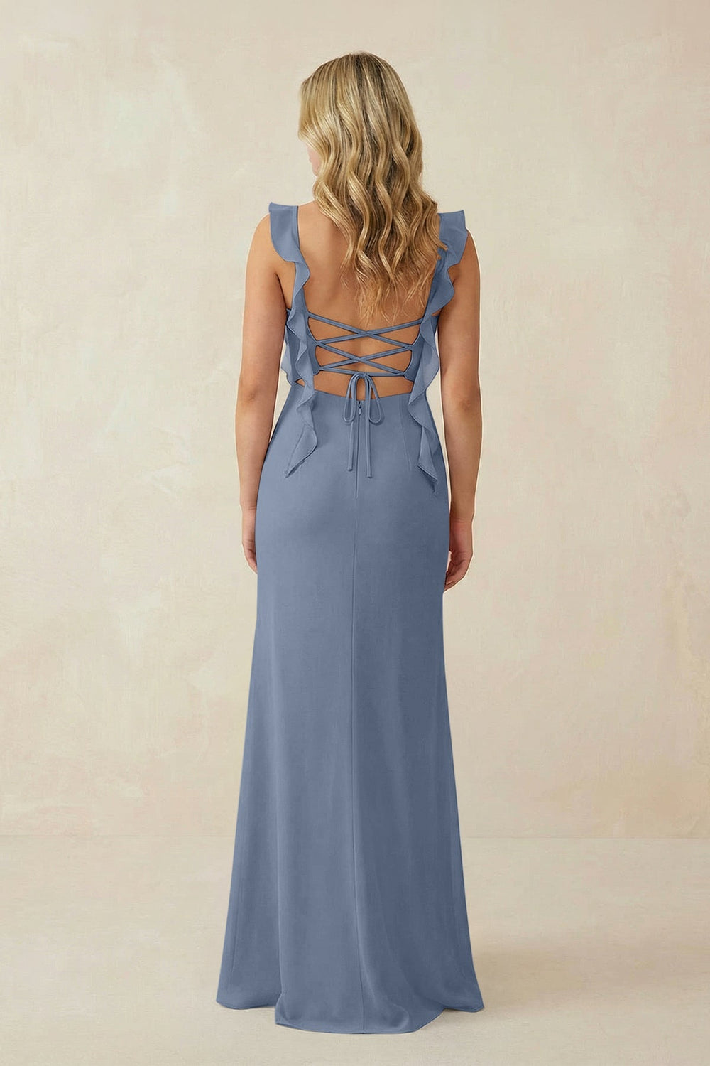 Ruffled Sleeve Ruched Sheath Chiffon Bridesmaid Dress in Neptune - KISS BRIDAL BRIDESMAID DRESSES