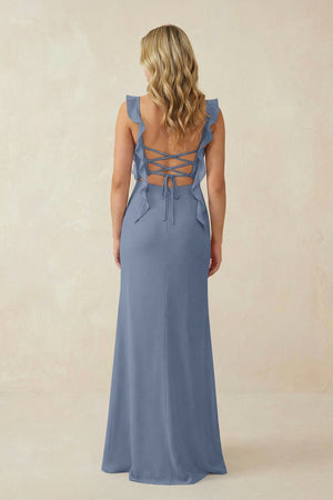 Ruffled Sleeve Ruched Sheath Chiffon Bridesmaid Dress in Neptune - SHE IS ME BRIDESMAID DRESSES