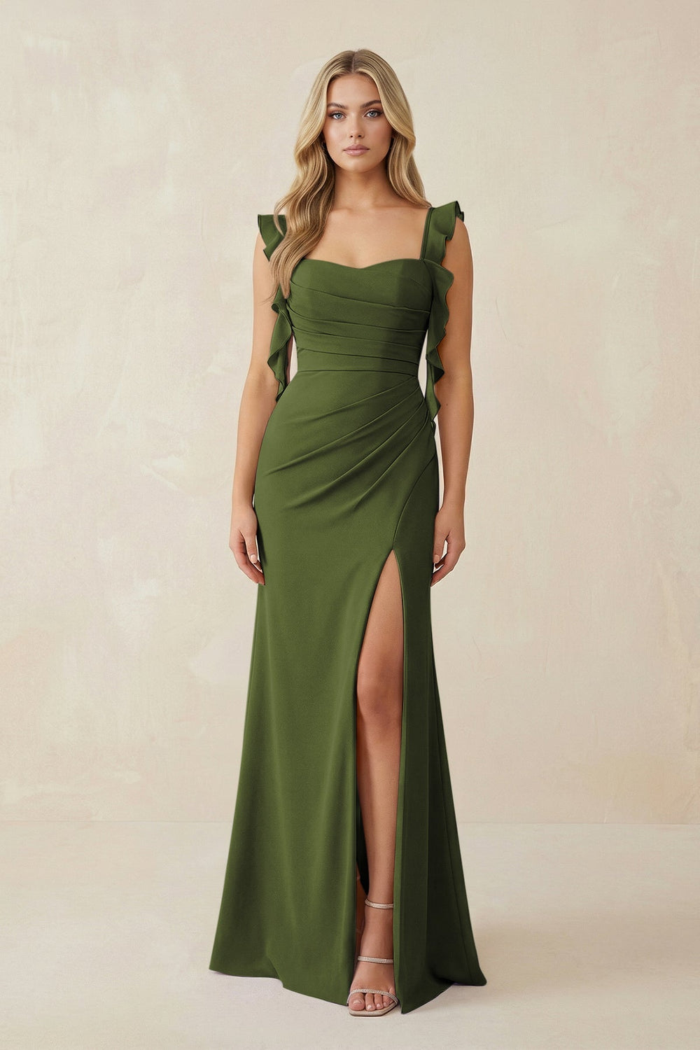 Ruffled Sleeve Ruched Sheath Chiffon Bridesmaid Dress in Olive - KISS BRIDAL BRIDESMAID DRESSES
