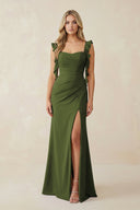 Ruffled Sleeve Ruched Sheath Chiffon Bridesmaid Dress in Olive - SHE IS ME BRIDESMAID DRESSES