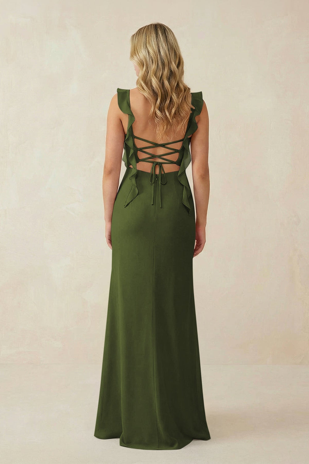 Ruffled Sleeve Ruched Sheath Chiffon Bridesmaid Dress in Olive - KISS BRIDAL BRIDESMAID DRESSES
