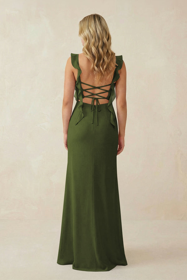 Ruffled Sleeve Ruched Sheath Chiffon Bridesmaid Dress in Olive - SHE IS ME BRIDESMAID DRESSES