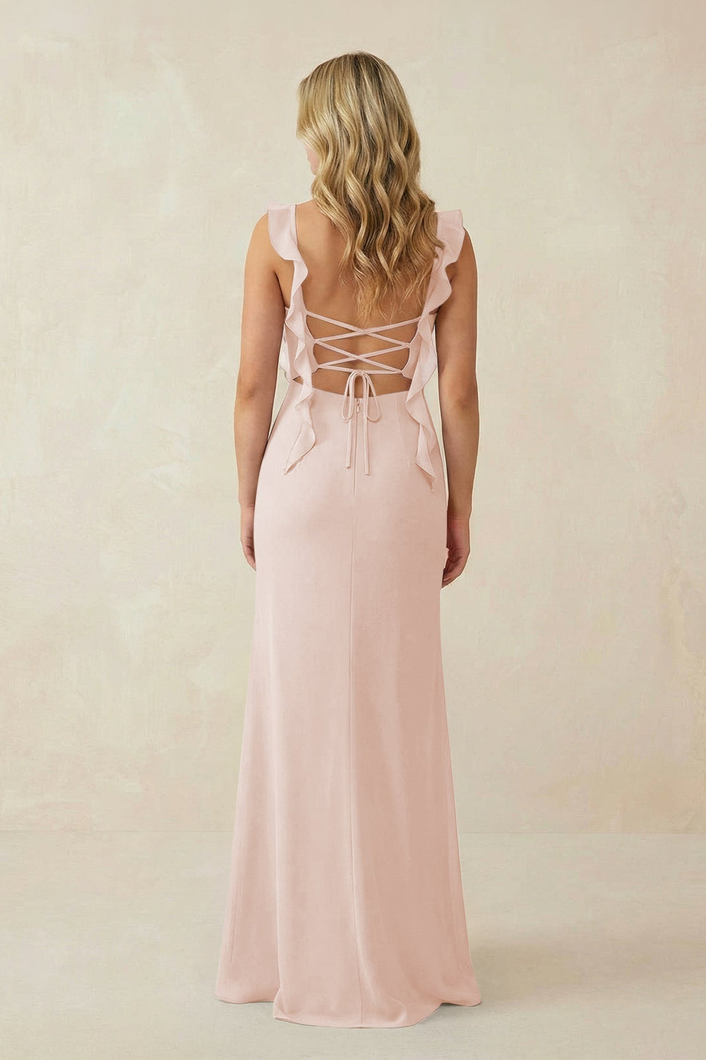 Ruffled Sleeve Ruched Sheath Chiffon Bridesmaid Dress in Pale Blush - KISS BRIDAL BRIDESMAID DRESSES