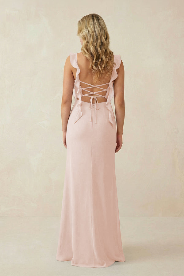 Ruffled Sleeve Ruched Sheath Chiffon Bridesmaid Dress in Pale Blush - SHE IS ME BRIDESMAID DRESSES