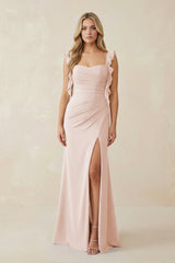 Ruffled Sleeve Ruched Sheath Chiffon Bridesmaid Dress in Pale Blush - KISS BRIDAL BRIDESMAID DRESSES