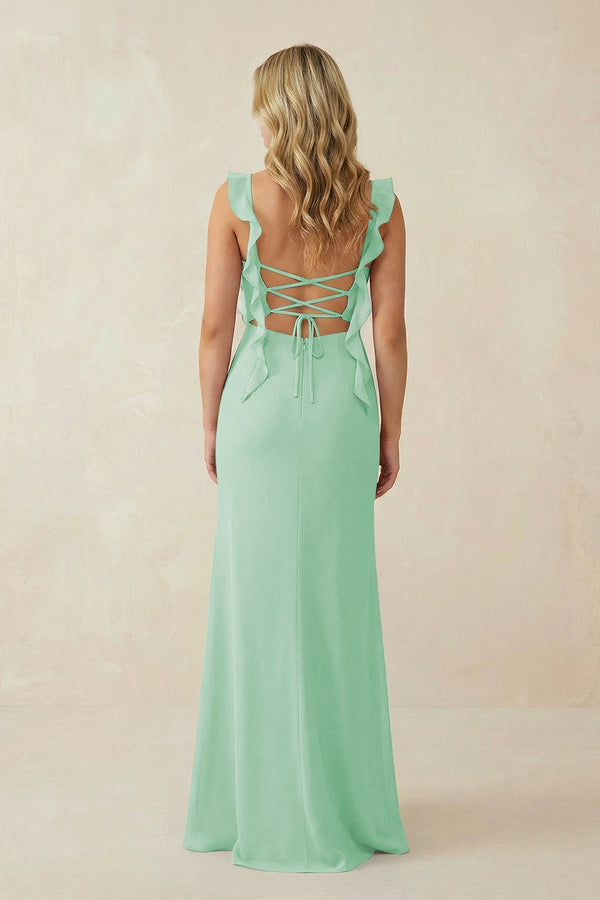 Ruffled Sleeve Ruched Sheath Chiffon Bridesmaid Dress in Pale Pistachio - SHE IS ME BRIDESMAID DRESSES