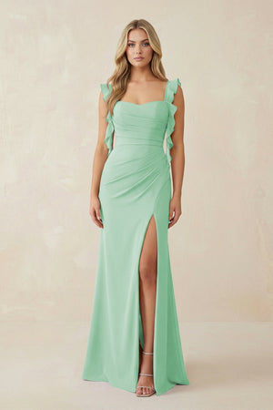Ruffled Sleeve Ruched Sheath Chiffon Bridesmaid Dress in Pale Pistachio - SHE IS ME BRIDESMAID DRESSES