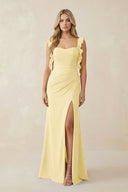 Ruffled Sleeve Ruched Sheath Chiffon Bridesmaid Dress in Pastel Yellow - SHE IS ME BRIDESMAID DRESSES