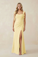 Ruffled Sleeve Ruched Sheath Chiffon Bridesmaid Dress in Pastel Yellow - KISS BRIDAL BRIDESMAID DRESSES