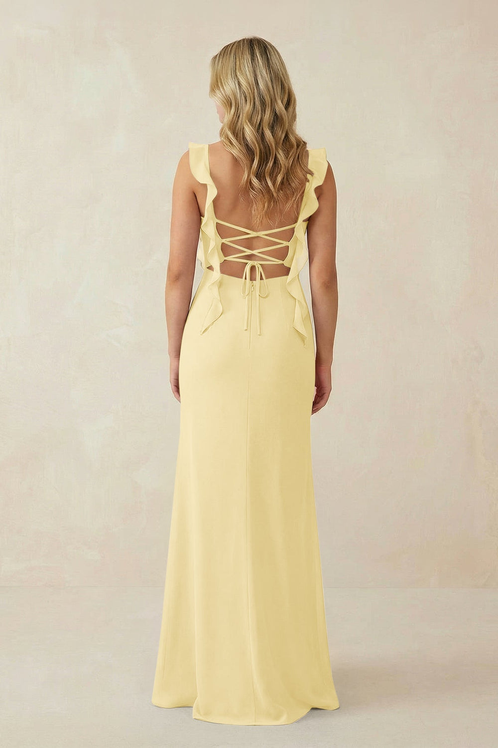 Ruffled Sleeve Ruched Sheath Chiffon Bridesmaid Dress in Pastel Yellow - KISS BRIDAL BRIDESMAID DRESSES
