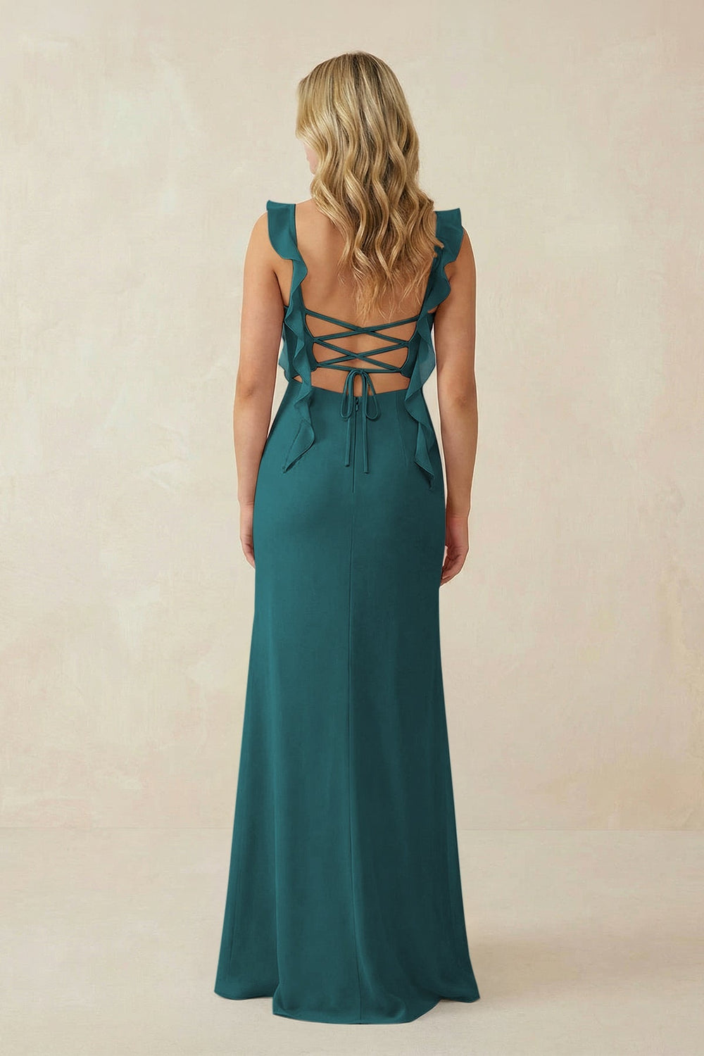Ruffled Sleeve Ruched Sheath Chiffon Bridesmaid Dress in Pine - KISS BRIDAL BRIDESMAID DRESSES