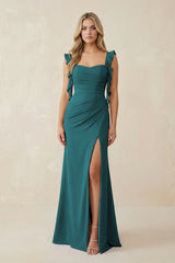 Ruffled Sleeve Ruched Sheath Chiffon Bridesmaid Dress in Pine - KISS BRIDAL BRIDESMAID DRESSES