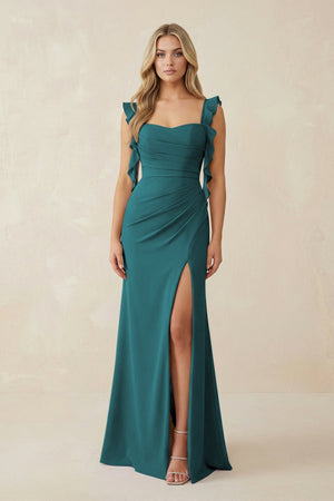 Ruffled Sleeve Ruched Sheath Chiffon Bridesmaid Dress in Pine - SHE IS ME BRIDESMAID DRESSES